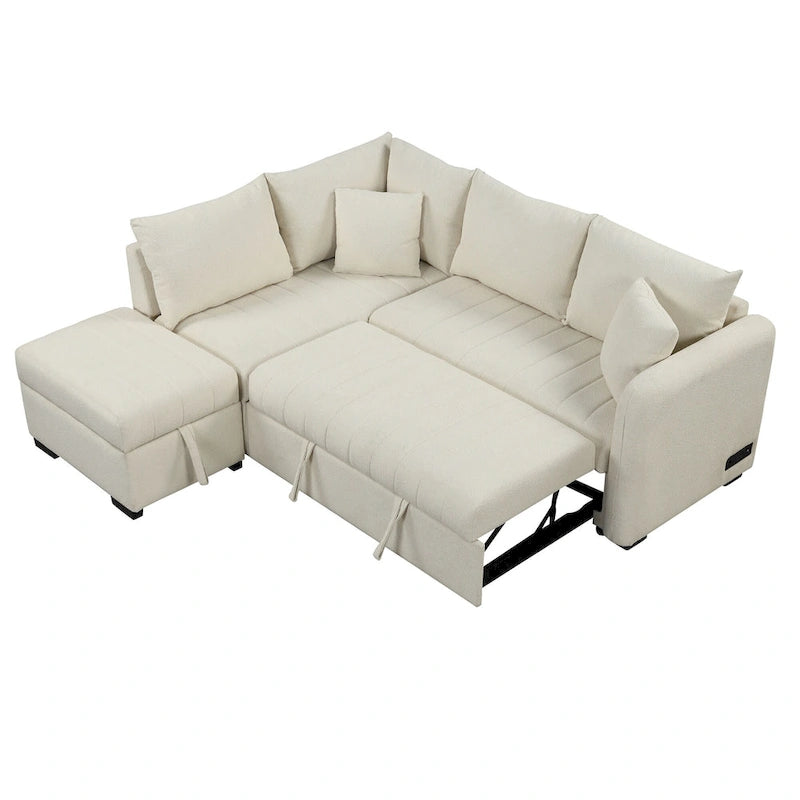 L-shaped Sectional Pull Out Sofa Bed Sleeper Sofa with Two USB Ports, Two Power Sockets