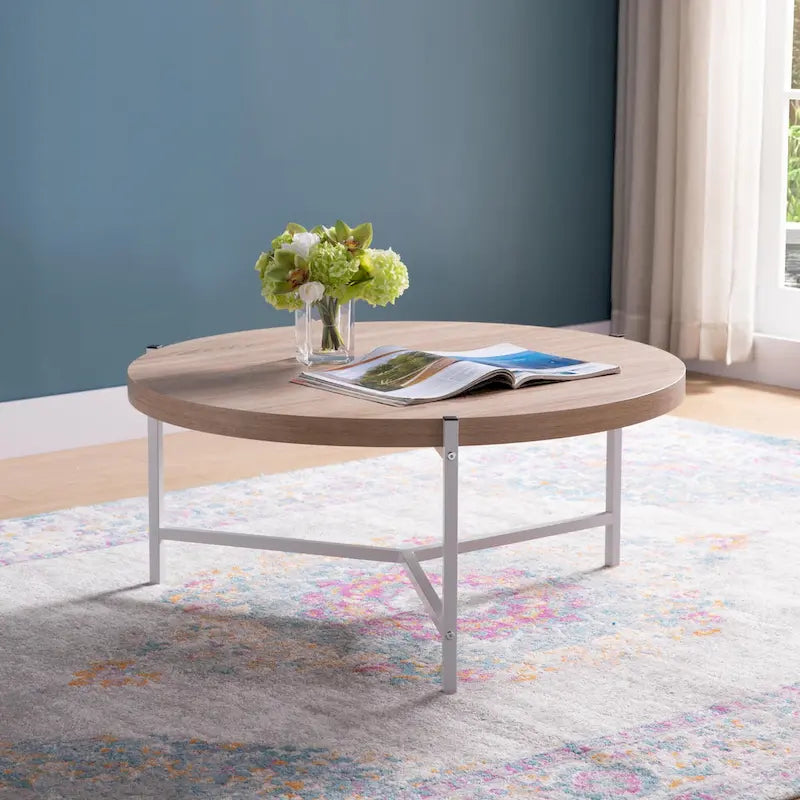 36.5 Modern Round Coffee Table with Wooden Top and Sleek Stainless-Steel Base for Living Room 36.5L x 36.5W x 16.5H