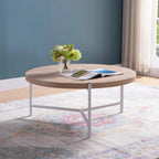 36.5 Modern Round Coffee Table with Wooden Top and Sleek Stainless-Steel Base for Living Room 36.5L x 36.5W x 16.5H