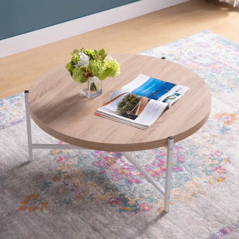36.5 Modern Round Coffee Table with Wooden Top and Sleek Stainless-Steel Base for Living Room 36.5L x 36.5W x 16.5H