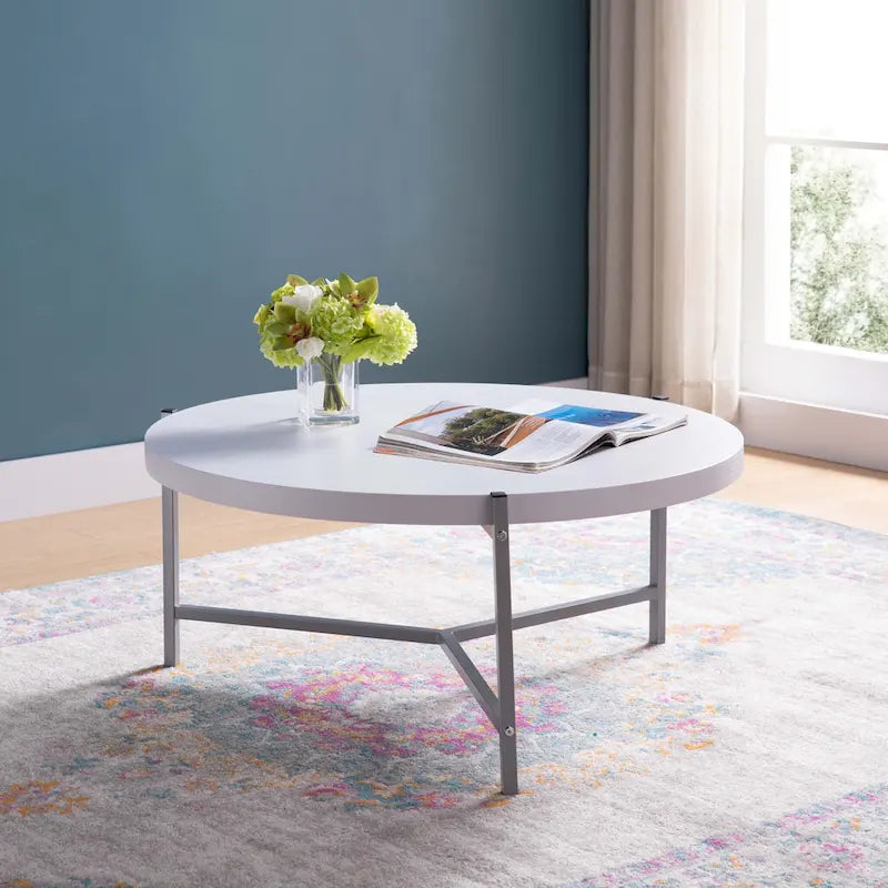 36.5 Modern Round Coffee Table with Wooden Top and Sleek Stainless-Steel Base for Living Room 36.5L x 36.5W x 16.5H