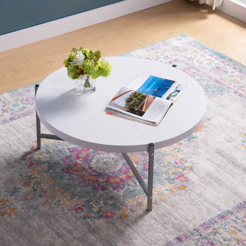 36.5 Modern Round Coffee Table with Wooden Top and Sleek Stainless-Steel Base for Living Room 36.5L x 36.5W x 16.5H