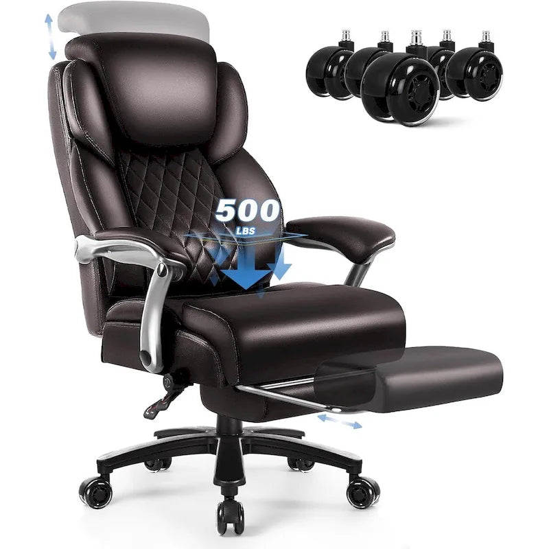 Lift-Headrest Big and Tall Office Chair 500lb Heavy-Duty Leather with Retractable Footrest & Lumbar Support
