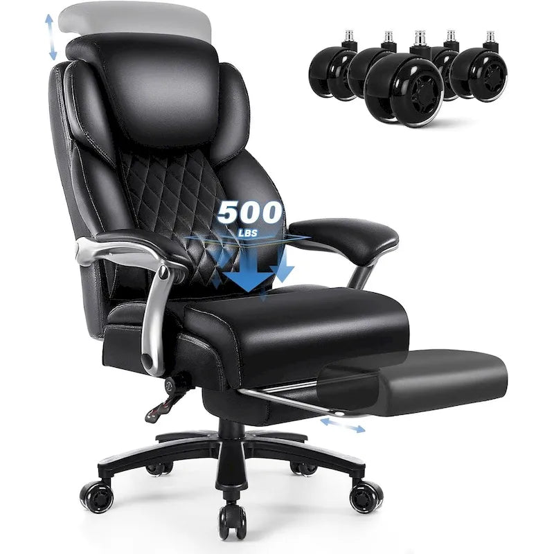 Lift-Headrest Big and Tall Office Chair 500lb Heavy-Duty Leather with Retractable Footrest & Lumbar Support