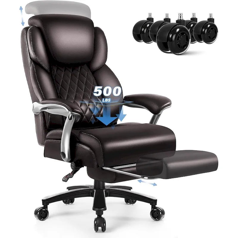 Lift-Headrest Big and Tall Office Chair 500lb Heavy-Duty Leather with Retractable Footrest & Lumbar Support