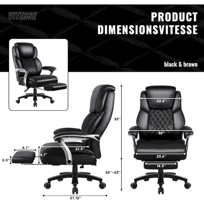 Lift-Headrest Big and Tall Office Chair 500lb Heavy-Duty Leather with Retractable Footrest & Lumbar Support