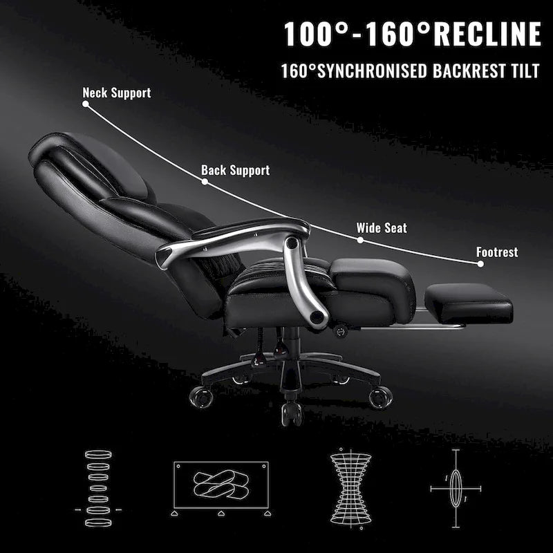 Lift-Headrest Big and Tall Office Chair 500lb Heavy-Duty Leather with Retractable Footrest & Lumbar Support