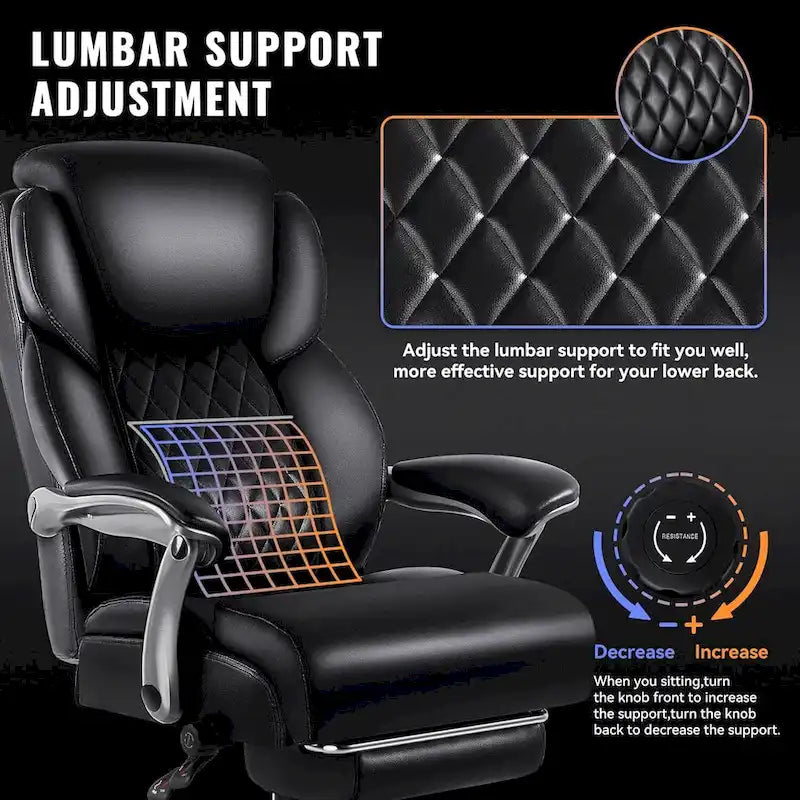 Lift-Headrest Big and Tall Office Chair 500lb Heavy-Duty Leather with Retractable Footrest & Lumbar Support