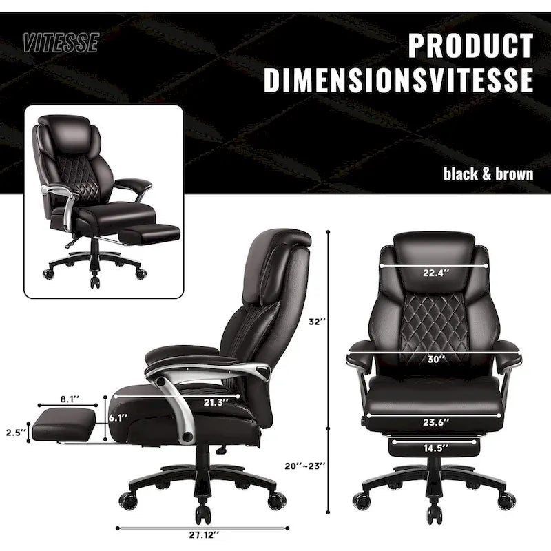Lift-Headrest Big and Tall Office Chair 500lb Heavy-Duty Leather with Retractable Footrest & Lumbar Support