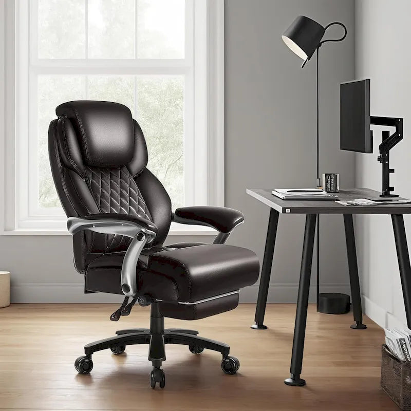 Lift-Headrest Big and Tall Office Chair 500lb Heavy-Duty Leather with Retractable Footrest & Lumbar Support