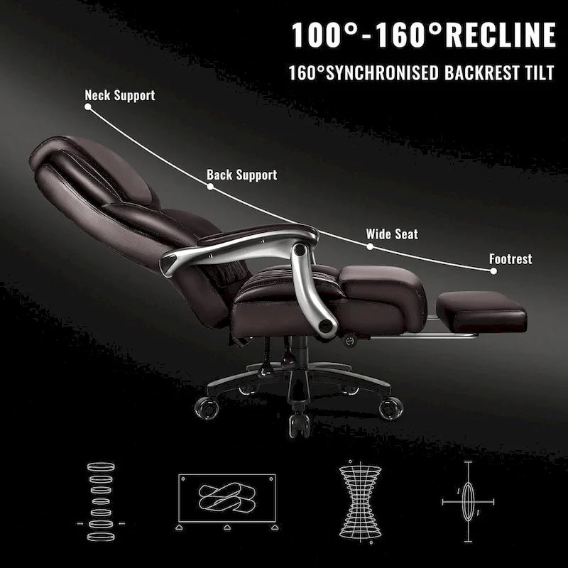 Lift-Headrest Big and Tall Office Chair 500lb Heavy-Duty Leather with Retractable Footrest & Lumbar Support
