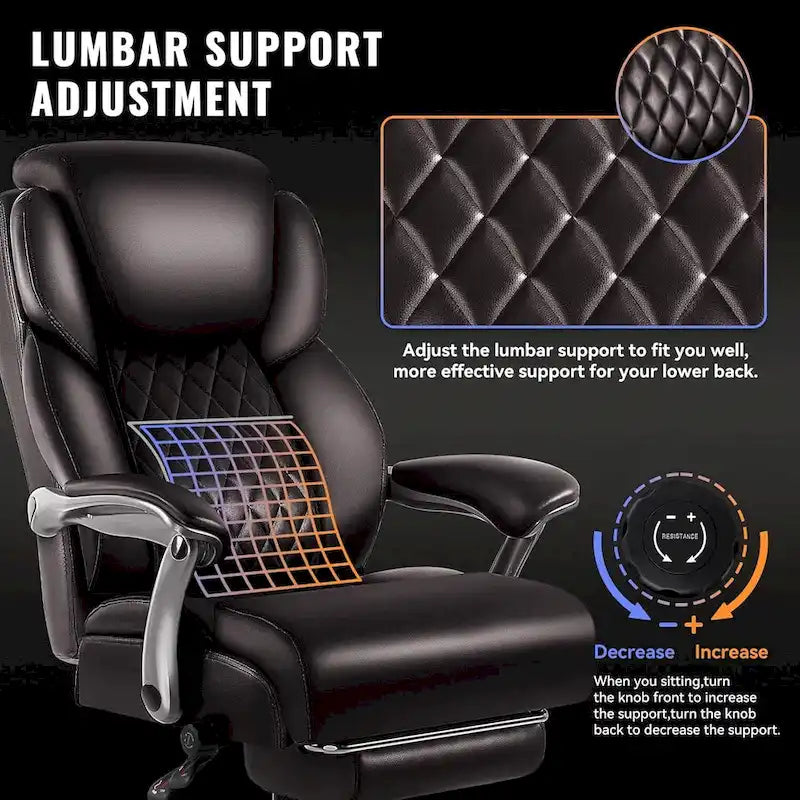Lift-Headrest Big and Tall Office Chair 500lb Heavy-Duty Leather with Retractable Footrest & Lumbar Support