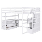 Full Size Loft Bed with Desk and Shelves, Two Built-in Drawers, Storage Staircase, Gray