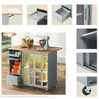 Kitchen Island with Drop Leaf Surface, LED Light, Fluted Glass Doors, Adjustable Shelf, Two Drawers, and Casters