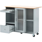 Kitchen Island with Drop Leaf Surface, LED Light, Fluted Glass Doors, Adjustable Shelf, Two Drawers, and Casters