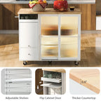 Kitchen Island with Drop Leaf Surface, LED Light, Fluted Glass Doors, Adjustable Shelf, Two Drawers, and Casters