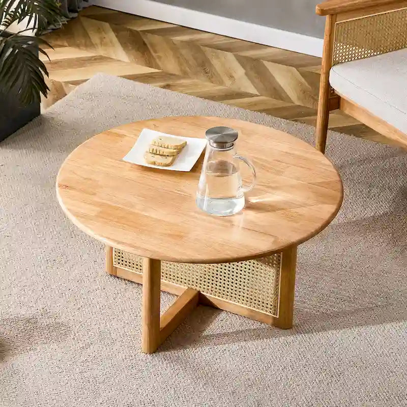 wooden coffee table with faux rattan accents