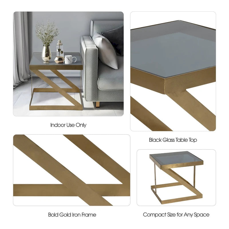 Modern Glam 20 Metal and Glass Gold and Black Side Accent Table 22 x 22 x 20
