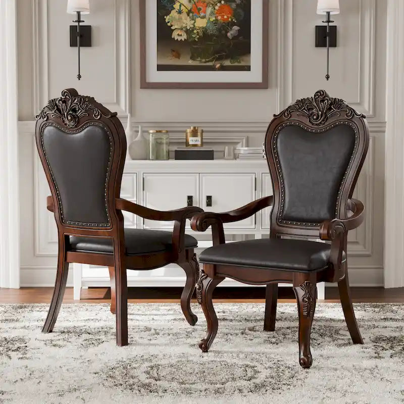 Traditional Solid Wood Dining Arm Chairs with Nailhead Trim and Cabriole Legs