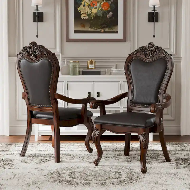 Traditional Solid Wood Dining Arm Chairs with Nailhead Trim and Cabriole Legs