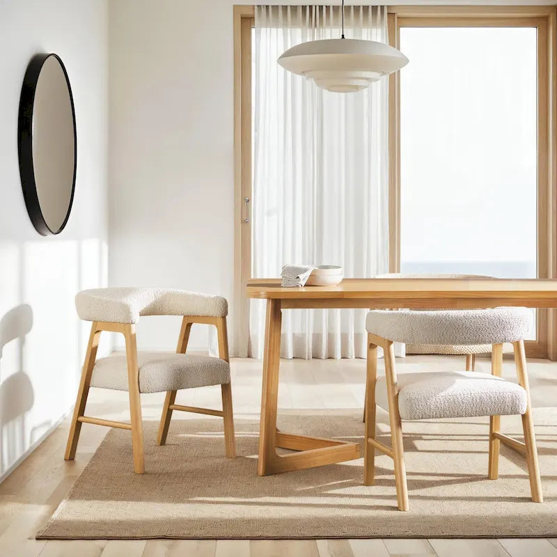 Modern Boucle Curved Solid Wood Dining Chair