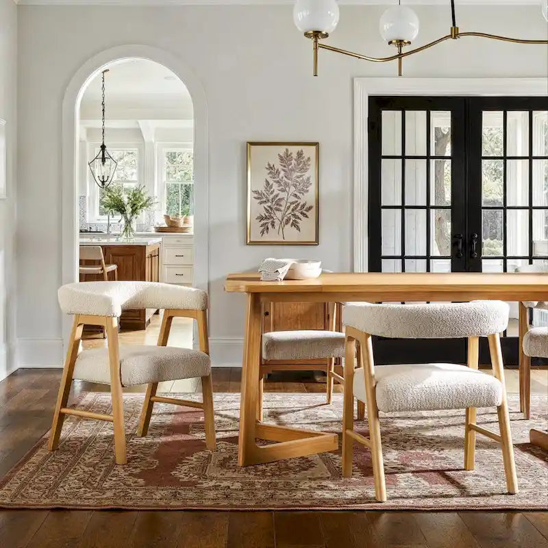 Modern Boucle Curved Solid Wood Dining Chair