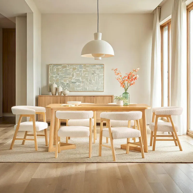 Modern Boucle Curved Solid Wood Dining Chair