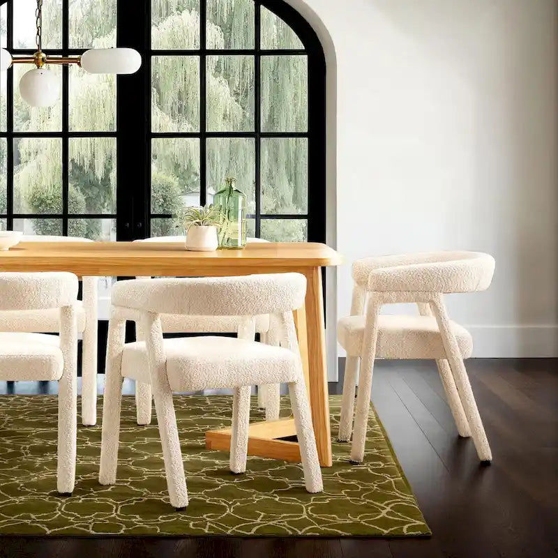 Modern Boucle Curved Solid Wood Dining Chair