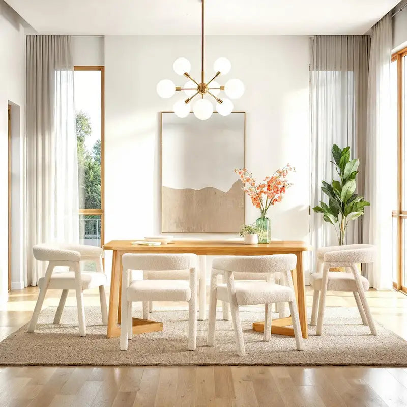 Modern Boucle Curved Solid Wood Dining Chair
