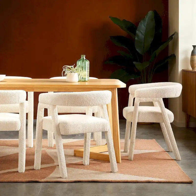 Modern Boucle Curved Solid Wood Dining Chair