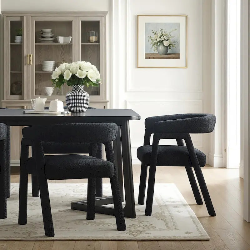Modern Boucle Curved Solid Wood Dining Chair