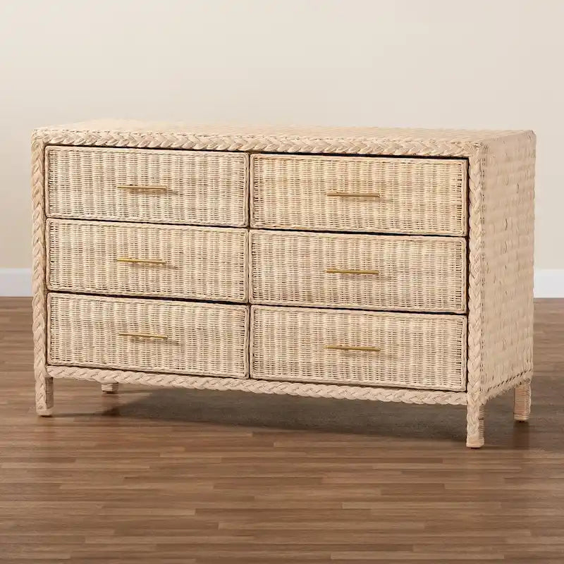 Japandi Sun-Bleached Braided Rattan 6-Drawer Dresser
