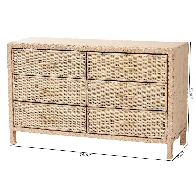 Japandi Sun-Bleached Braided Rattan 6-Drawer Dresser